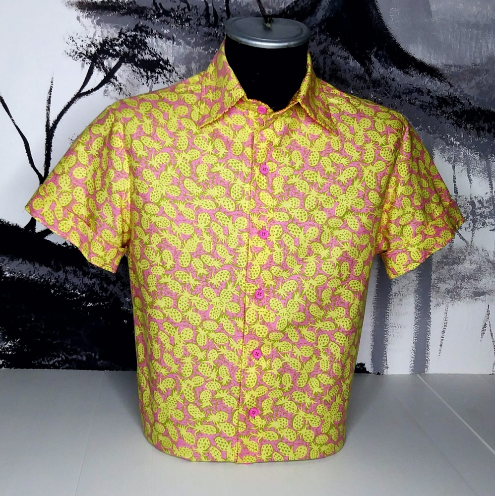 Men's  Pineapple Print Short sleeved Dress Shirt